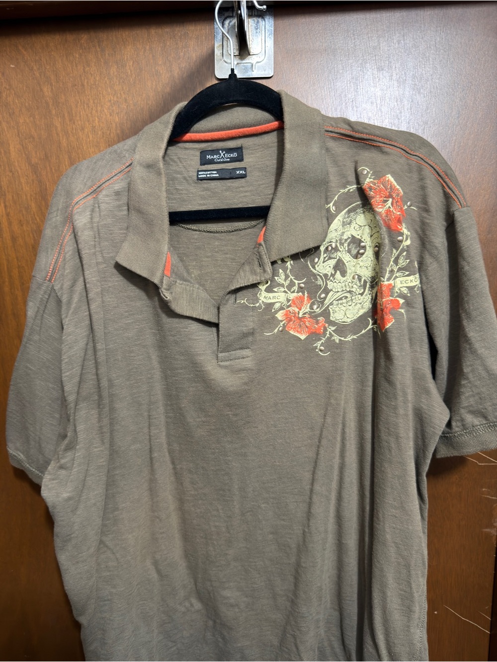 Marc Ecko Dark Green Polo with Red Floral Skull Graphic. Embellished. Cut & Sew